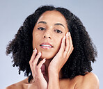 Portrait, skin and mockup with a model black woman in studio on a gray background for beauty. Face, aesthetic and skincare with a young female person at the salon for luxury wellness or treatment