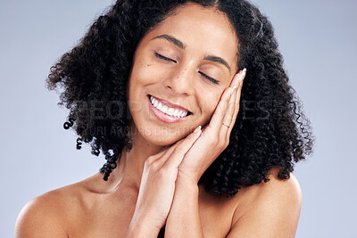 Face, skincare and woman sleep for beauty in studio isolated on a white background. Natural, cosmetics and happy African model smile for spa facial treatment for aesthetic, wellness and healthy skin.