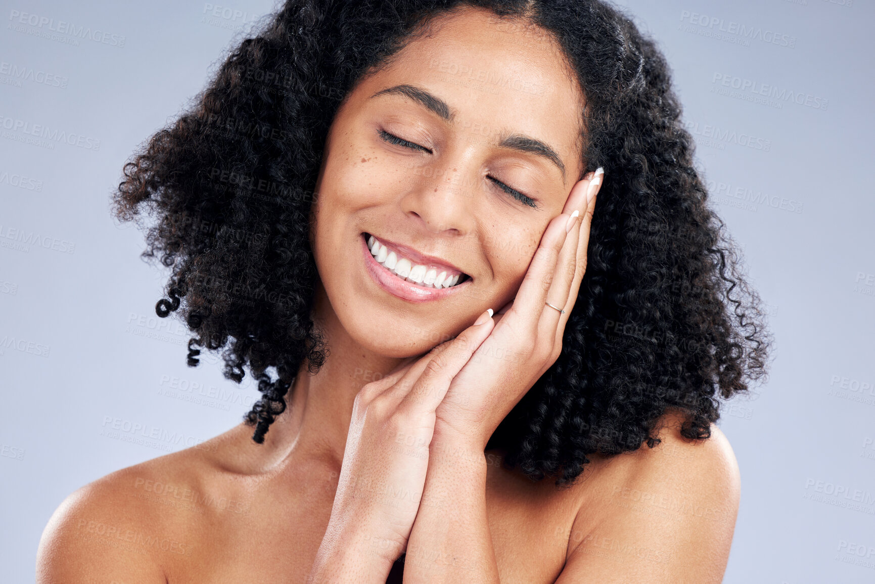 Buy stock photo Face, skincare and woman sleep for beauty in studio isolated on a white background. Natural, cosmetics and happy African model smile for spa facial treatment for aesthetic, wellness and healthy skin.