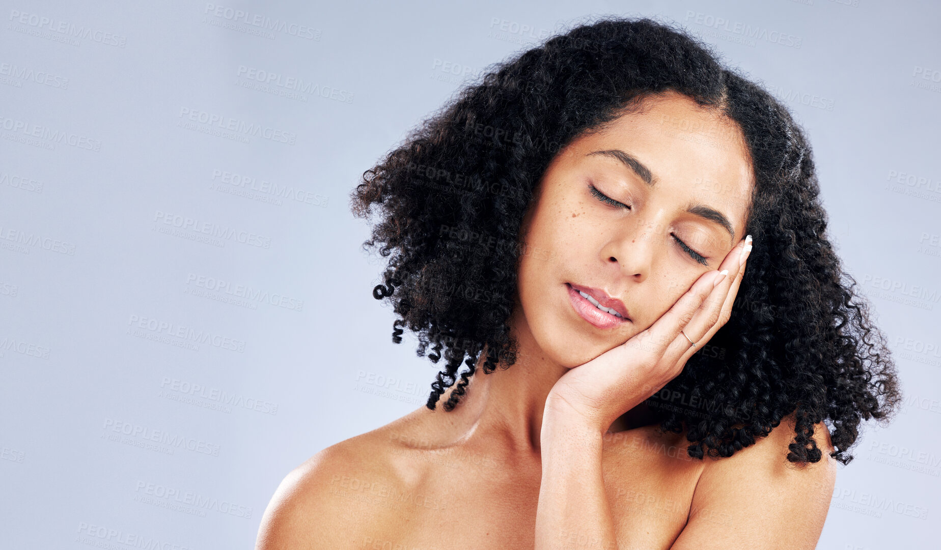 Buy stock photo Face, skincare and woman touch for beauty in studio isolated on a white background mockup space. Natural, cosmetics and African model with spa facial treatment for aesthetic, wellness or healthy skin