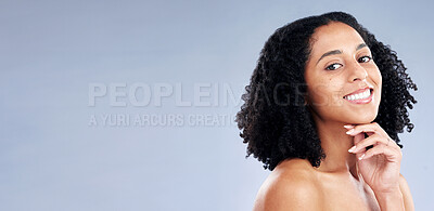 Buy stock photo Skin, beauty and portrait of a woman in studio for dermatology, cosmetics and natural makeup. Face of happy african female model on a mockup space background for facial self care, glow and soft touch