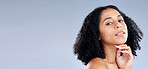 Portrait, beauty and space with a model black woman in studio on a gray background for skincare. Face, aesthetic and mockup with a young female person at the salon for luxury wellness or treatment