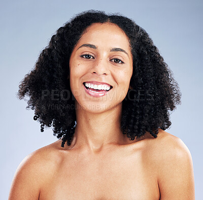 Buy stock photo Skin, beauty and smile of a woman for natural skincare, dermatology and cosmetics or makeup. Portrait of a happy African female model on a studio background for facial self care, glow and wellness