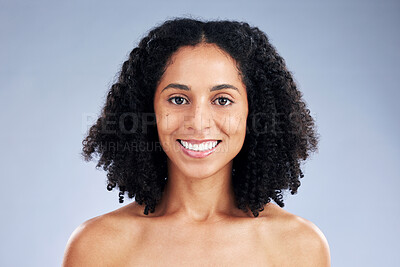 Buy stock photo Beauty, face and portrait of a woman for skincare, dermatology and cosmetics or natural makeup. Headshot of happy african female model on studio background for facial self care, glow and teeth smile