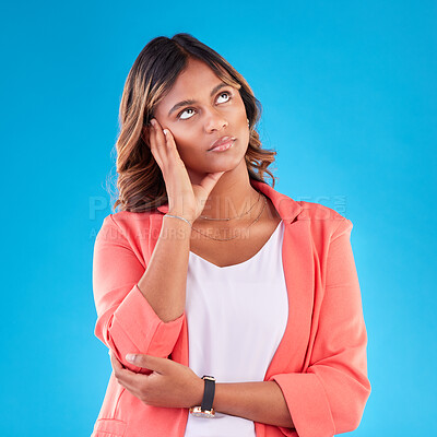 Buy stock photo Thinking, tired and doubt with face of woman in studio for tired, confused and brain fog. Mental health, burnout and anxiety with person on blue background for frustrated, idea and problem mockup