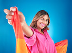 LGBTQ woman, flag and studio portrait with beauty, peace and freedom with pride for inclusion by blue background. Lesbian girl, student or model with smile for protest, icon or advocate for sexuality