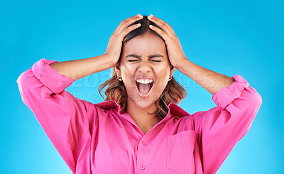 Buy stock photo Angry, frustrated and a shouting woman on a blue background with a anger about mental health. Stress, bipolar and a young screaming Indian girl with a fail or mistake isolated on a studio backdrop