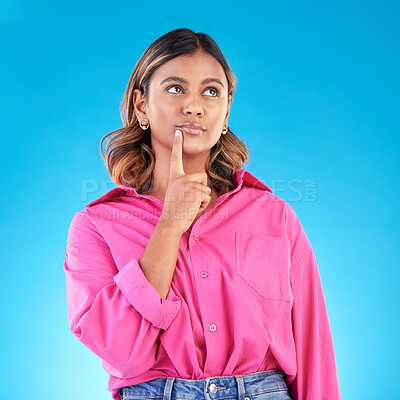Buy stock photo Thinking, planning and a woman on a blue background with knowledge, idea and inspiration. Dream, young and an Indian girl with a vision of an opportunity, decision or a choice isolated on a backdrop