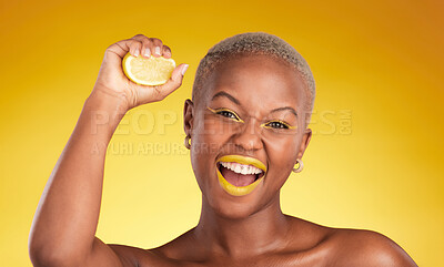 Buy stock photo Happy black woman, portrait and lemon for vitamin C or natural beauty against a yellow studio background. African female person with organic citrus fruit for diet detox, facial cosmetics and makeup