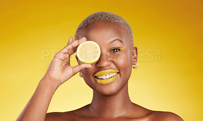Buy stock photo Happy black woman, portrait and lemon for vitamin C or natural beauty against a yellow studio background. African female person smile with organic citrus fruit for diet or detox with facial makeup