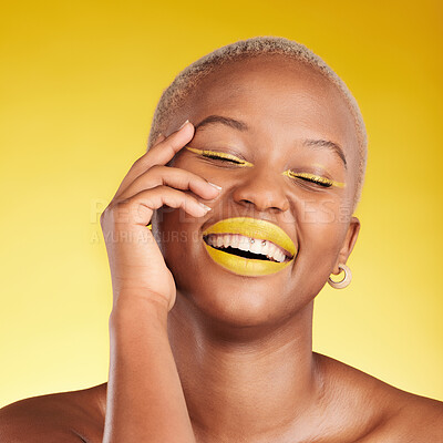 Buy stock photo Happy black woman, makeup and cosmetics for skincare, art or fashion against a yellow background. Face of African female person smile in satisfaction for lipstick, beauty product or facial treatment