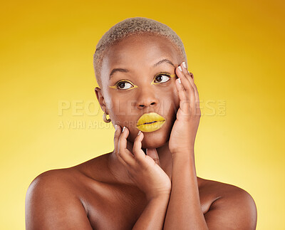 Buy stock photo Thinking, makeup and woman with skincare, beauty and dermatology against a yellow background. Female person, fantasy or model with cosmetics, facial or decision with aesthetic, wellness and self care