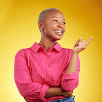 Smile, black woman and hand pointing in studio for news, deal or coming soon announcement on yellow background. Finger, show and happy African female show list, promo or sign up contact information