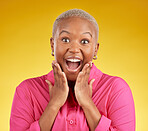 Wow, happy and portrait of black woman in studio with sale, deal or sign up promotion on yellow background. Open mouth, emoji and hands on African lady winner face for competition, prize or giveaway