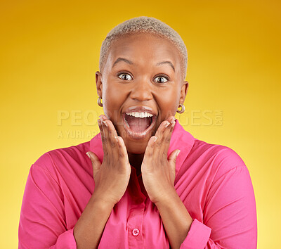 Buy stock photo Wow, happy and portrait of black woman in studio with sale, deal or sign up promotion on yellow background. Open mouth, emoji and hands on African lady winner face for competition, prize or giveaway