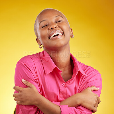 Buy stock photo Smile, hug and black woman in studio with self love, acceptance and positive mindset on yellow background. Happy, embrace and African female with freedom, authentic and real with body positivity 