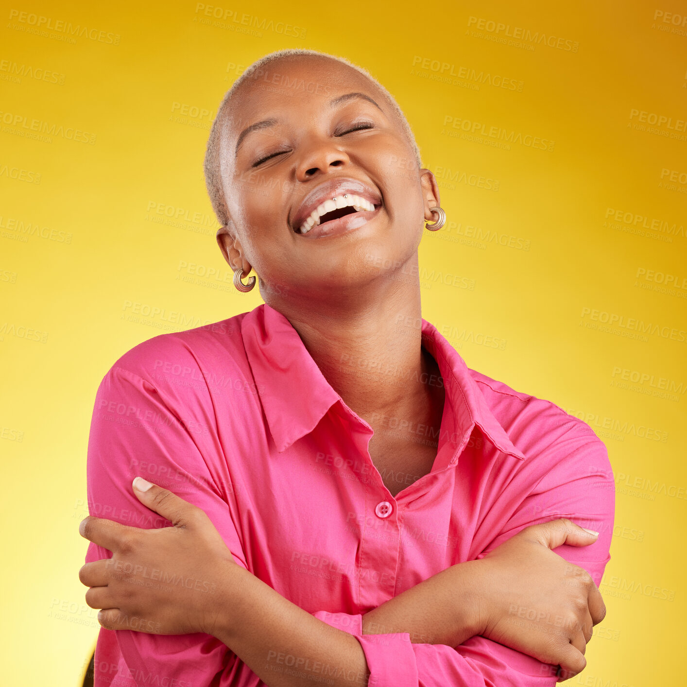 Buy stock photo Smile, hug and black woman in studio with self love, acceptance and positive mindset on yellow background. Happy, embrace and African female with freedom, authentic and real with body positivity 