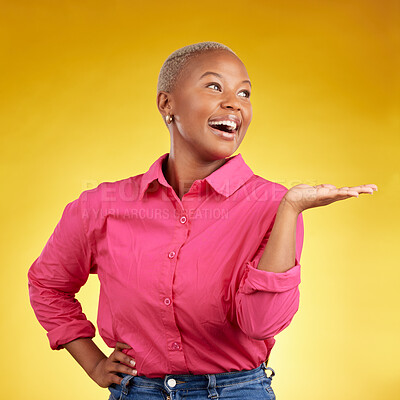 Buy stock photo Hand, smile and black woman in studio with sale, news or promotion on yellow background. Happy, deal and African lady show competition, giveaway or contact, info and sign up, platform or how to steps