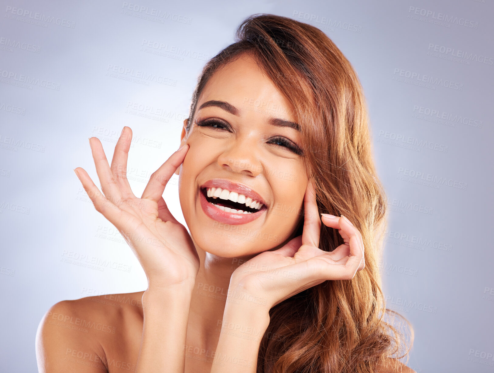 Buy stock photo Dermatology, skincare and portrait of woman with natural beauty, anti aging care and wellness from cosmetics on studio background. Laughing, face and hands touching healthy and clean skin texture