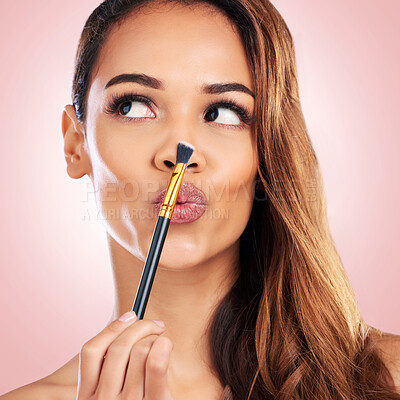 Buy stock photo Beauty, pout and face of woman with makeup brush on pink background for salon, wellness and luxury. Cosmetology, aesthetic and female person with tools for foundation, cosmetics and glamour in studio
