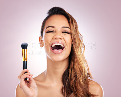 Buy stock photo Beauty, laugh and portrait of woman with makeup brush on pink background for salon, wellness and luxury. Cosmetology, aesthetic and female person with tools for foundation, face cosmetics and glamour