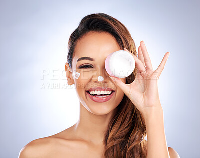 Buy stock photo Portrait, cream jar and beauty of woman in studio with cosmetics product on grey background. Happy female model, face lotion and skincare container for sunscreen, aesthetic dermatology or moisturizer