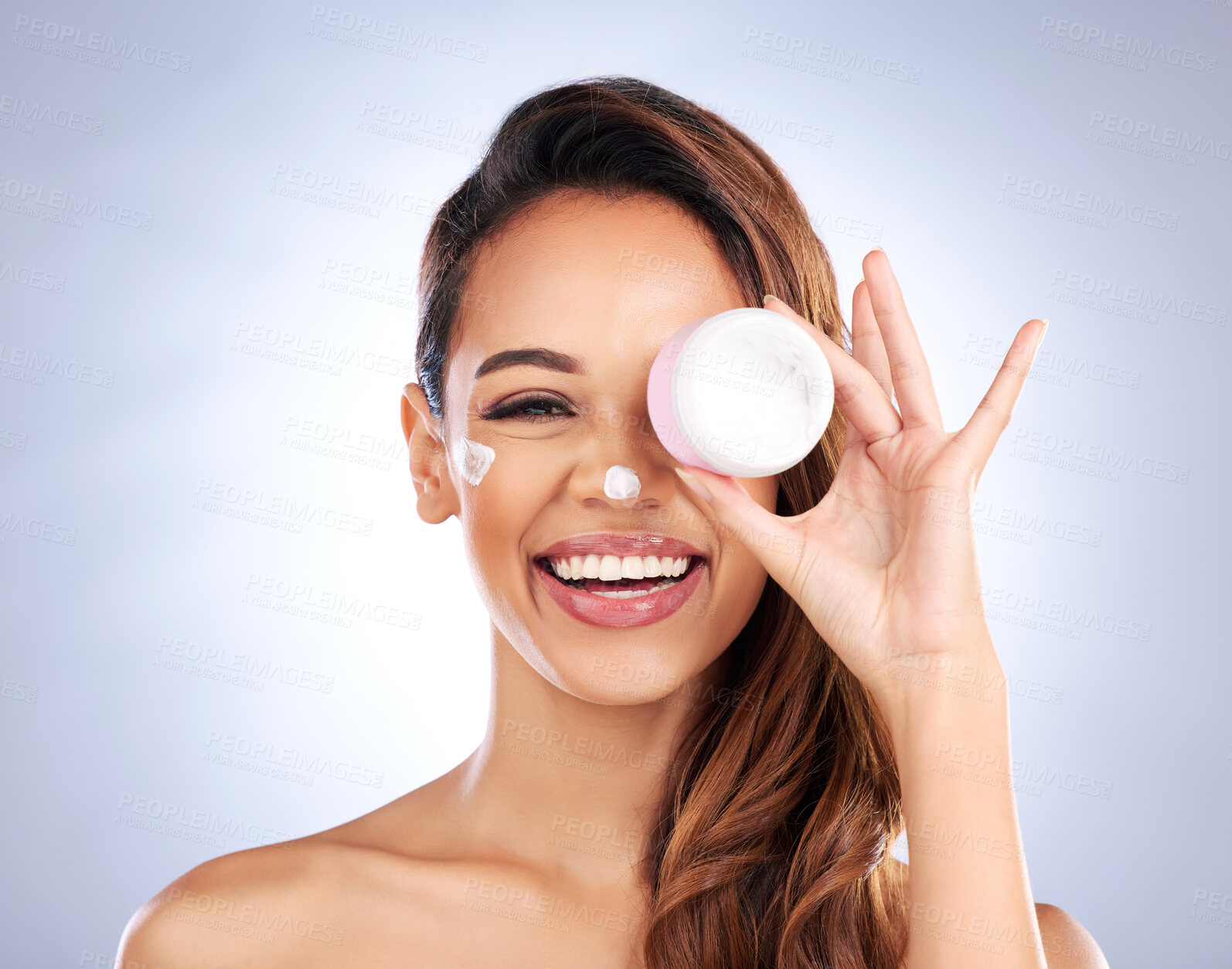 Buy stock photo Portrait, cream jar and beauty of woman in studio with cosmetics product on grey background. Happy female model, face lotion and skincare container for sunscreen, aesthetic dermatology or moisturizer