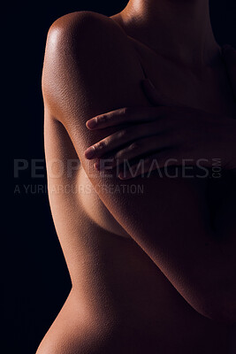Buy stock photo Naked, body and woman on black background for beauty, seduction and erotic silhouette. Sexy aesthetic, sensuality and figure of female person in dark studio for seductive art deco, cosmetics and glow