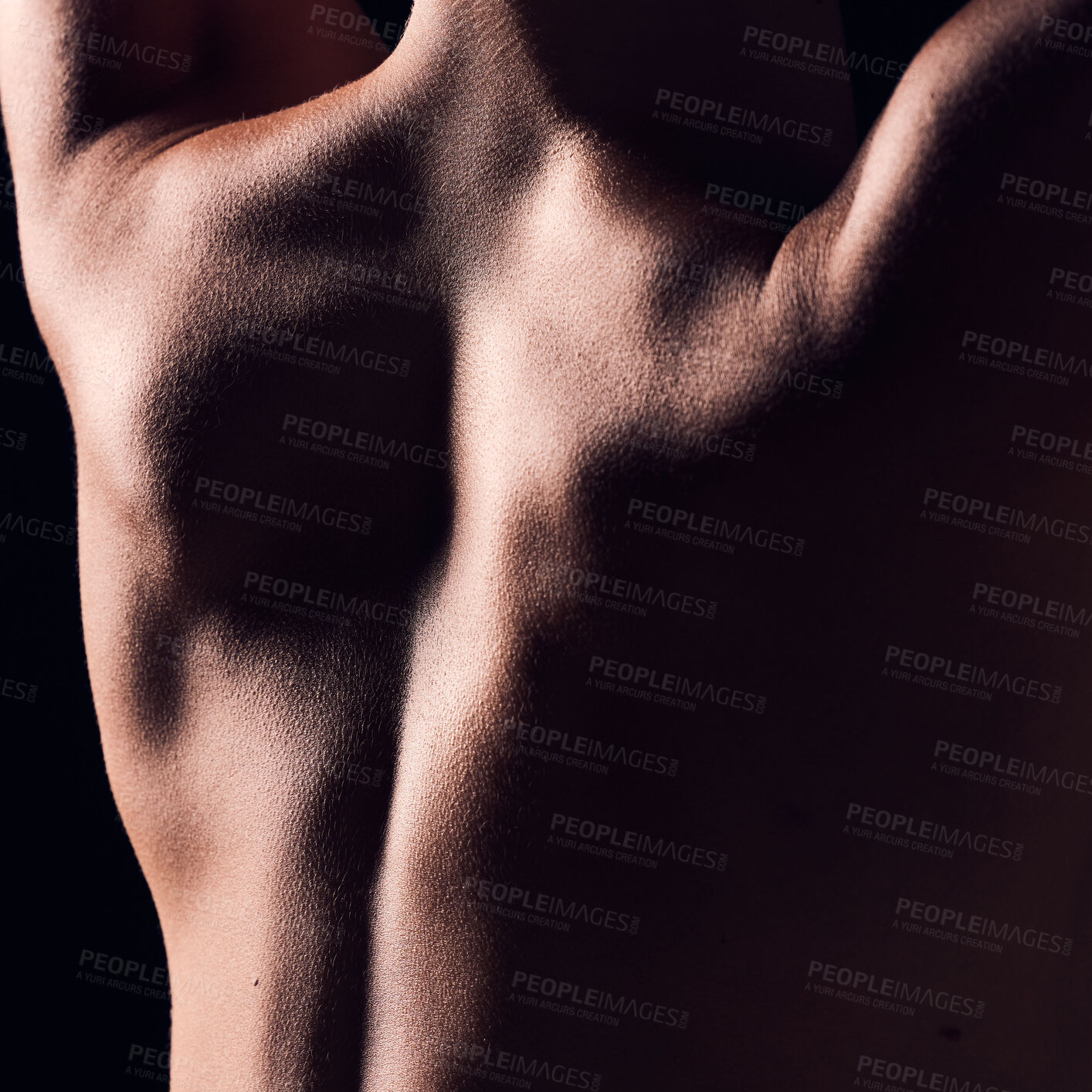 Buy stock photo Back, dark and body of person with natural skincare texture isolated in a studio background for health or wellness. Strong, self care and creative skin for beauty or macro art deco of muscle