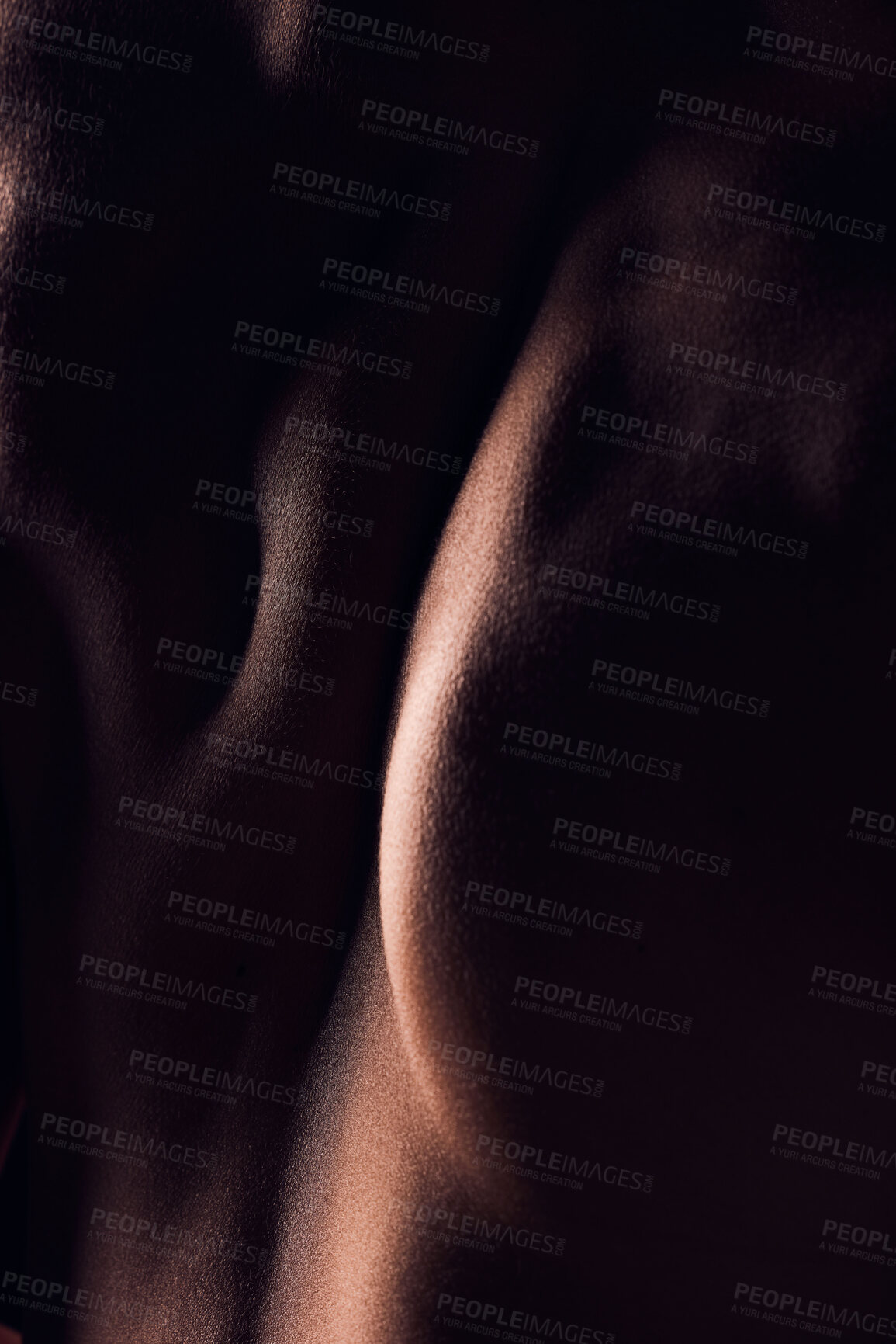 Buy stock photo Back, dark and body of person with artistic for skincare isolated in a studio background for health or wellness. Art deco, self care and closeup of natural creative skin texture for beauty in macro