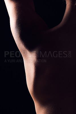 Buy stock photo Back, dark and skin texture of person with skincare macro on a studio background for body health or wellness. Healthy, muscle and natural closeup creative for cosmetic beauty in shadow with art deco