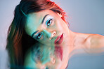 Art, reflection and beauty, portrait of woman on studio background with neon light and makeup. Fashion, skin and aesthetic, face of girl, model in creative mirror pose with cosmetics and 