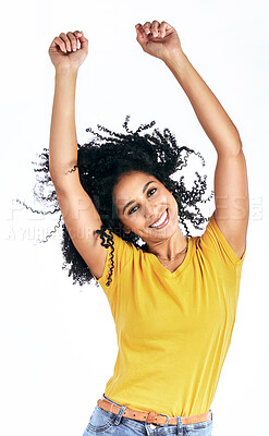 Buy stock photo Portrait, dancing and a woman in studio with fun energy, motivation or celebration. Hands, happy and a young female person isolated on a white background moving to relax or cheer for win or freedom