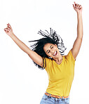 Excited, dancing and a woman in studio with happy energy for motivation or celebration. Winner, fun and a young person isolated on a white background moving to relax or cheer for freedom or success