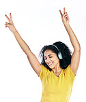 Music, dancing and a woman with headphones and peace sign in studio streaming audio, sound or radio. Energy, happy and a young person isolated on a white background listening to fun song to relax