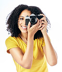 Photography, camera and portrait of woman photographer and happy as a creative isolated in a studio white background. Happy, photoshoot and artistic person with a hobby and takes picture of memory