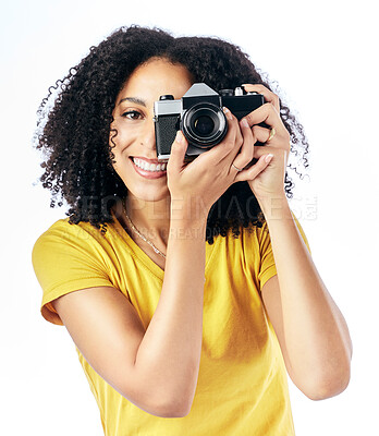 Buy stock photo Photography, camera and portrait of woman photographer and happy as a creative isolated in a studio white background. Happy, photoshoot and artistic person with a hobby and takes picture of memory
