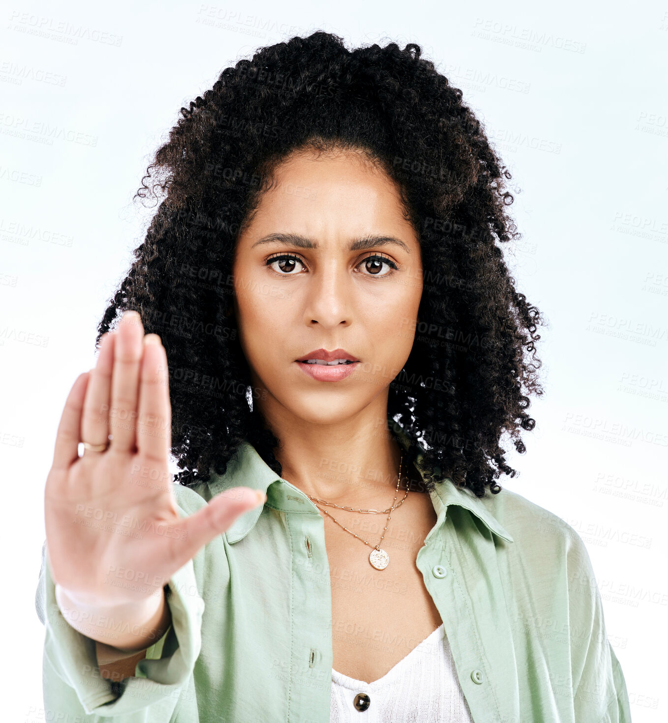Buy stock photo Stop, hand and portrait of woman in studio with warning, sign and threat, limits or no on white background. Protest, palm and face of lady with emoji for forbidden, rejection or defense control vote