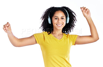 Buy stock photo Dance, music and portrait of a woman with headphones in studio streaming audio, sound or radio. Energy, happy and African person isolated on a white background listening and moving to fun song