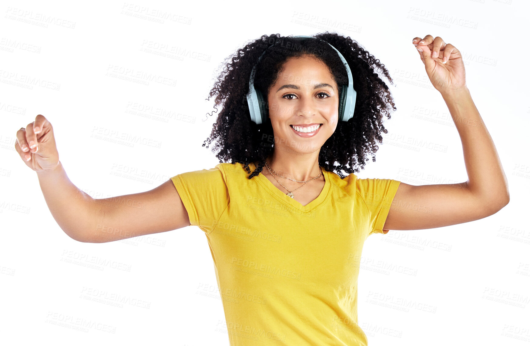 Buy stock photo Dance, music and portrait of a woman with headphones in studio streaming audio, sound or radio. Energy, happy and African person isolated on a white background listening and moving to fun song