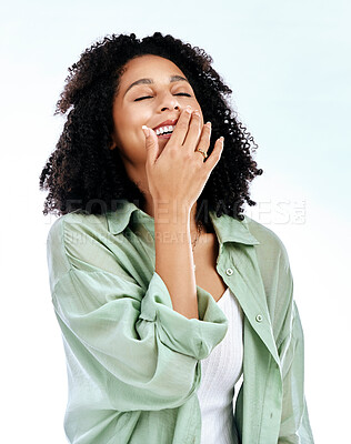 Buy stock photo Happy, funny and woman with a smile, humor and lady on a white studio background. Person, model or girl with happiness, Jamaican or laughing with joy, casual outfit or cheerful with a joke or playful