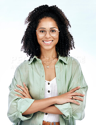 Buy stock photo Woman, arms crossed and portrait of a creative writer in a studio with confidence and glasses. Isolated, white background and female person feeling proud from blogger career with a happy smile