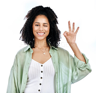 Buy stock photo Studio, wink and woman portrait with perfect hand sign for support or agree, vote or review on white background. Face, smile and emoji yes by lady with ok, approval or like, thank you or feedback
