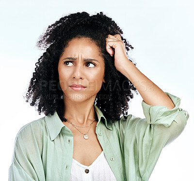 Buy stock photo Woman, frustrated thinking and confused in studio with ideas, mistake and fail by white background. African girl, model or student with stress, doubt or memory with mindset, decision and questions
