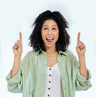 Buy stock photo Pointing up, surprise or happy woman excited by sale, retail offer or discount deal isolated in studio. Wow, advertising or shocked girl with mockup space, news or menu promotion on white background