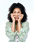 Bite nails, thinking and face of woman in studio with worry, doubt and uncertain on white background. Anxiety, confused and female person with panic, anxious and unsure for problem, crisis and choice