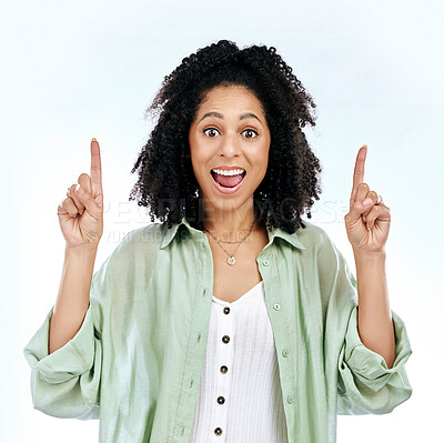 Buy stock photo Pointing up, surprise or portrait of woman excited by sale, retail offer or discount deal isolated in studio. Wow, shock or happy girl showing mockup space, news or menu promotion on white background