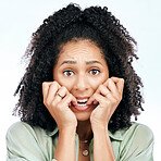 Bite nails, anxiety and portrait of woman on a white background with worry, doubt and uncertain. Scared, face and female person worried, anxious and unsure for problem, crisis and choice in studio