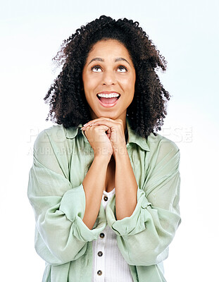 Buy stock photo Hope, woman and smile looking above for model, luck and gratitude feeling excited in studio. Thank you, happy and blessing hand gesture with a female person with white background and forgiveness