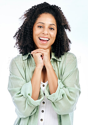 Buy stock photo Face, confident and portrait of happy woman with smile isolated in a studio on white background. Biracial girl, relax or proud female person with a positive mindset, optimism or joy in casual clothes